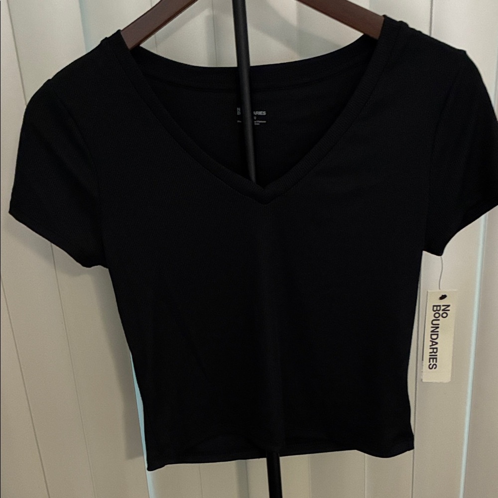 No Boundaries Classic Black V Neck Crop Rib Tee.